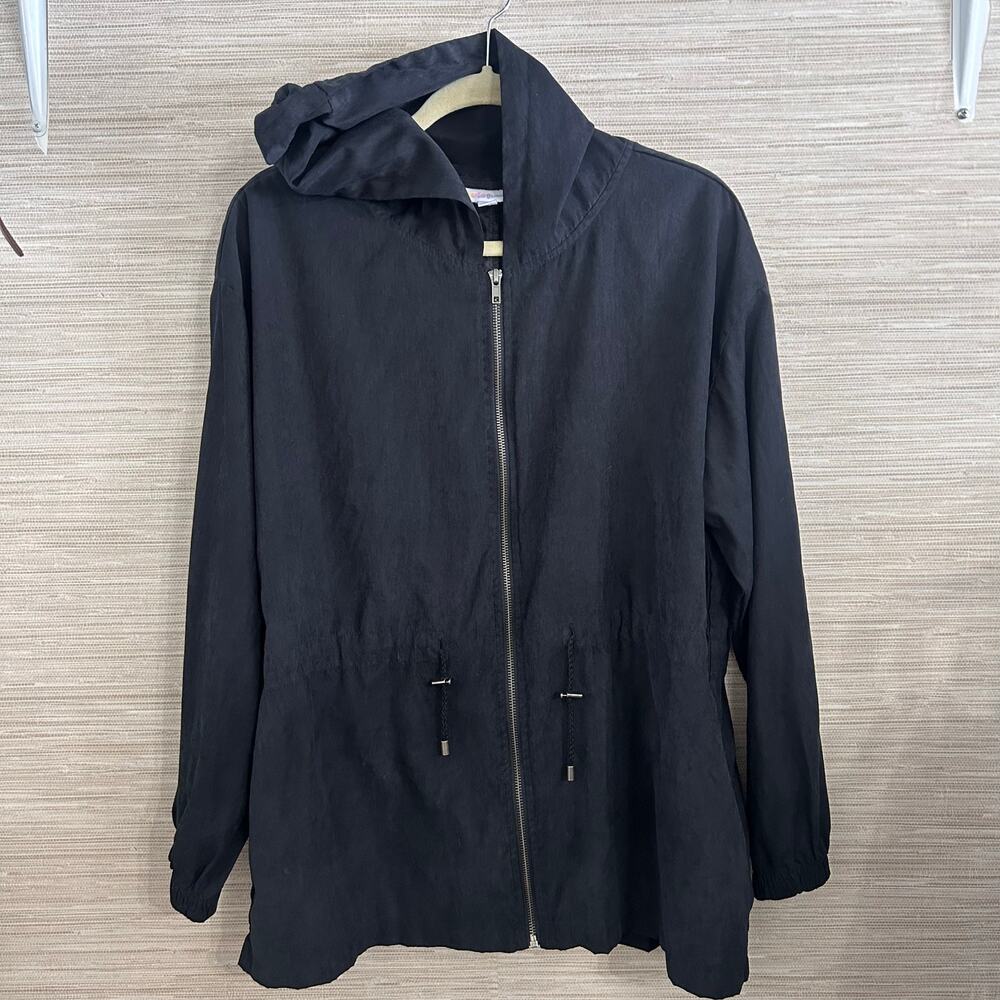 LuLaRoe Solid Black Jackie Jacket Women's size L Zippered front hooded jacket
